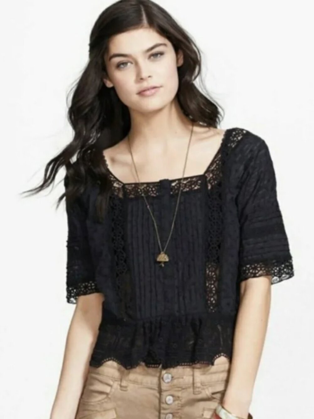 Free People Sweet Jane Lace Top Medium Black Boho Dainty Romantic Coquette Goth